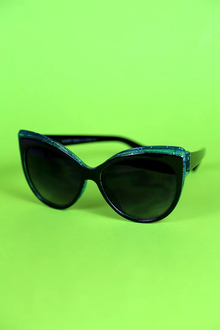 Back and Blue Glitter Trim Feline Sunglasses