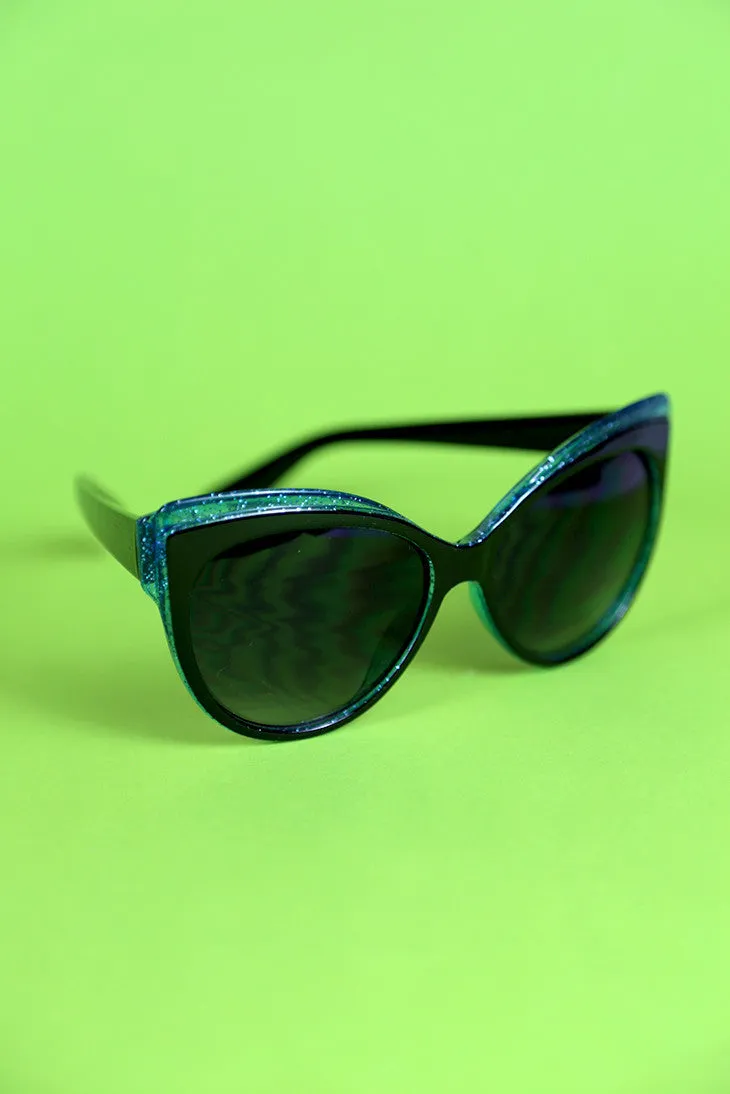 Back and Blue Glitter Trim Feline Sunglasses