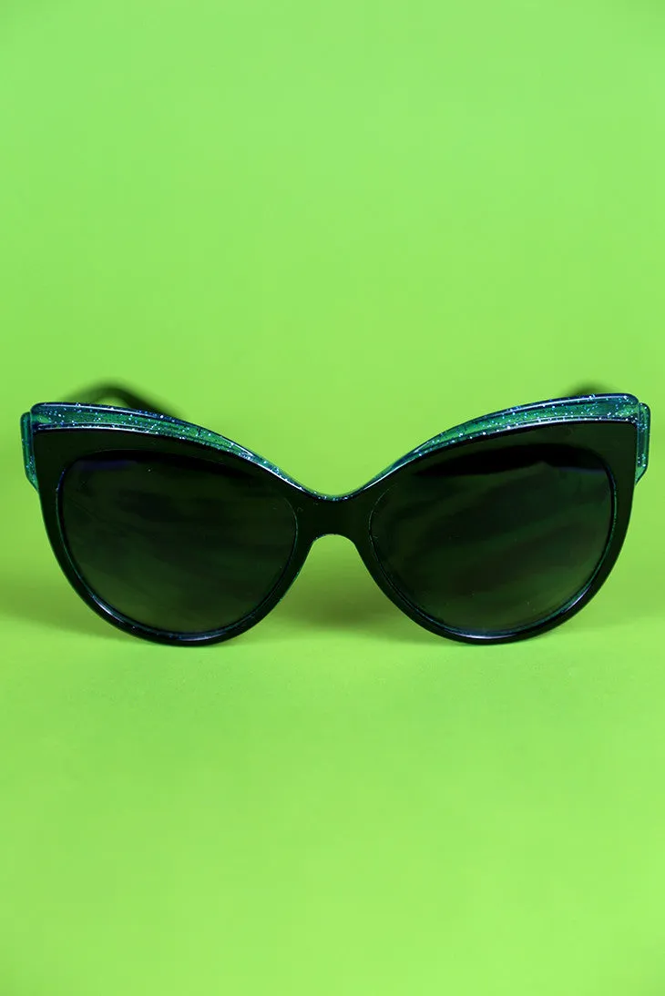 Back and Blue Glitter Trim Feline Sunglasses