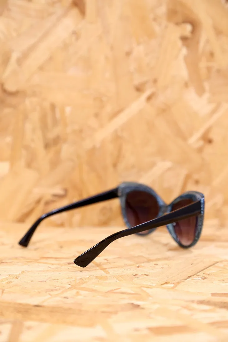 Back and Blue Glitter Trim Feline Sunglasses