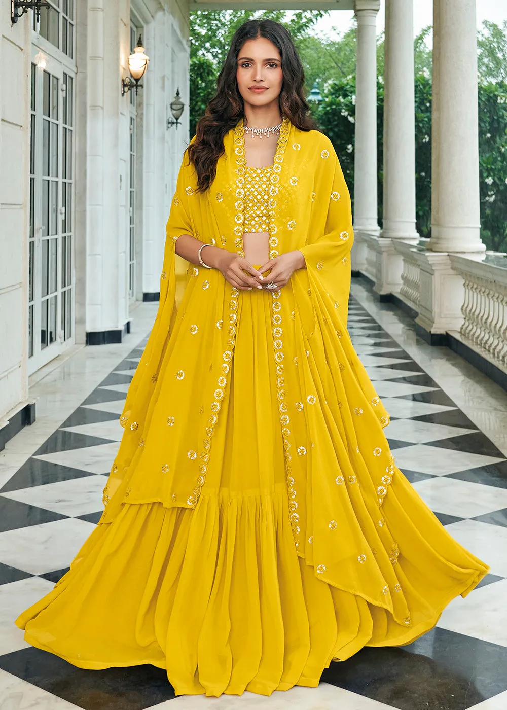 Opulent Yellow Sequined Embroidered Shrug Style Lehenga Choli