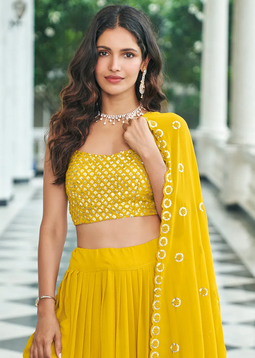 Opulent Yellow Sequined Embroidered Shrug Style Lehenga Choli